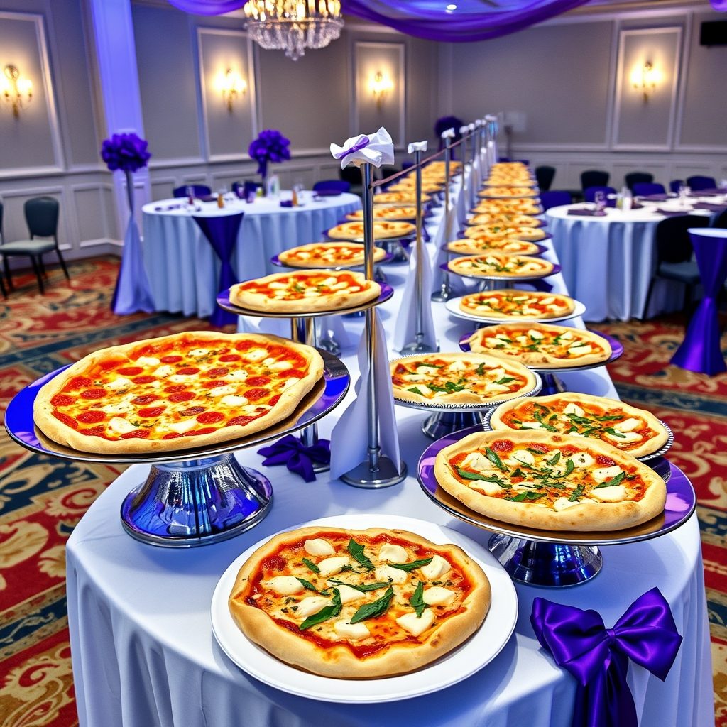 Professional catering event with multiple finished pizzas on serving display