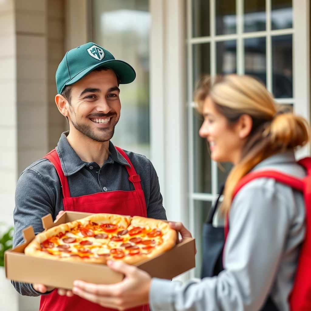 Customer receiving a pizza delivery at the door