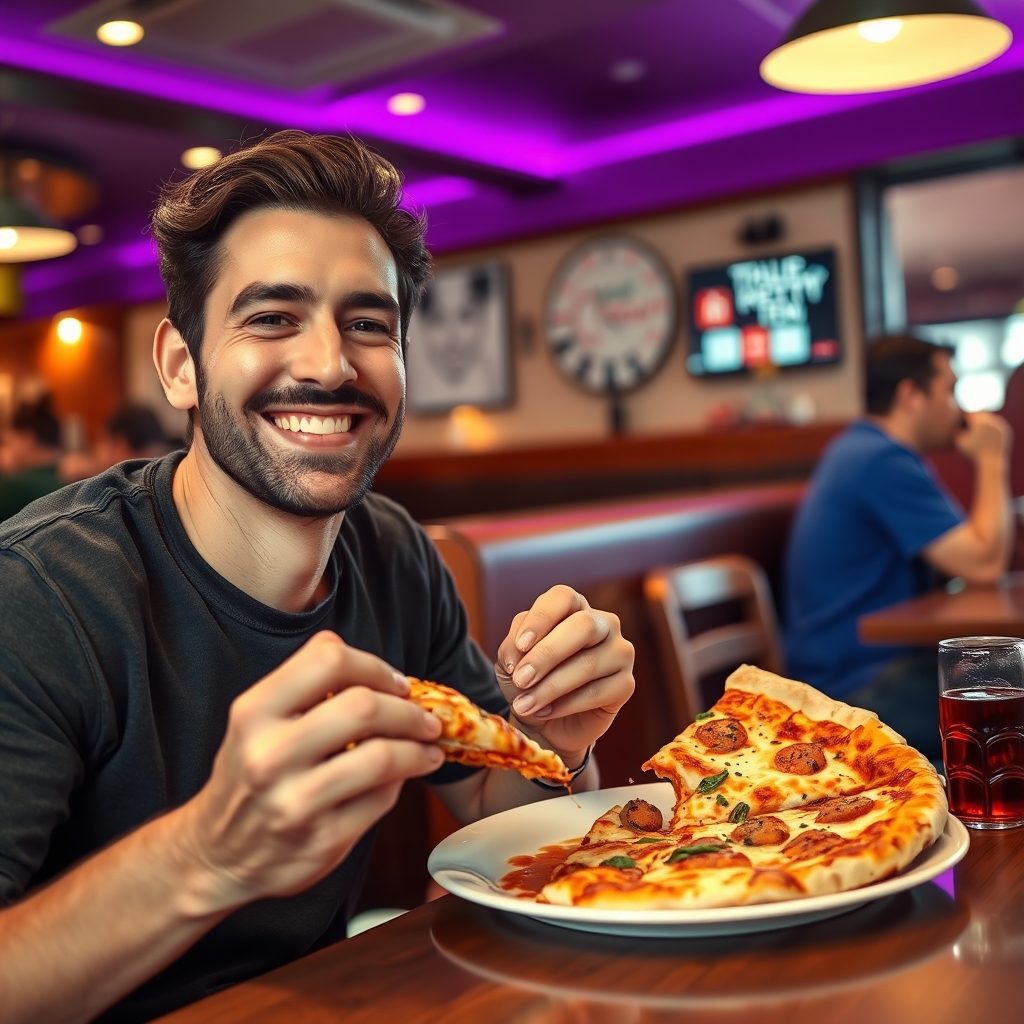 Diner enjoying a slice of pizza at a table