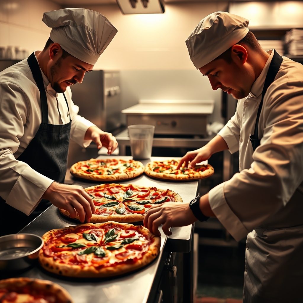 Pizza makers stretching and topping dough with skill and precision