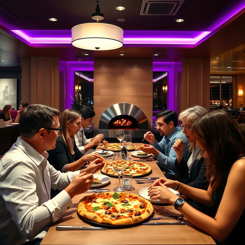 Restaurant dining room with customers enjoying premium gourmet pizza in elegant Italian-inspired interior with purple accents