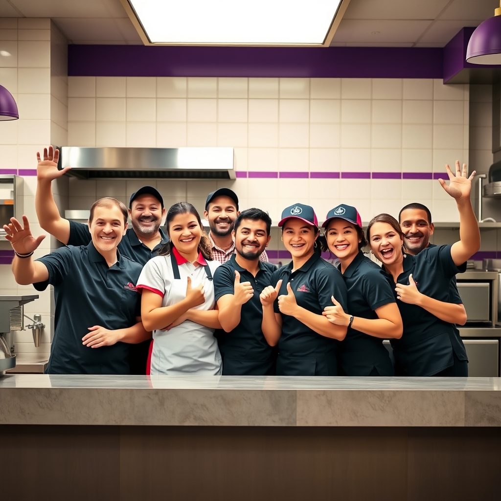 Restaurant staff posing together at counter in modern kitchen setting