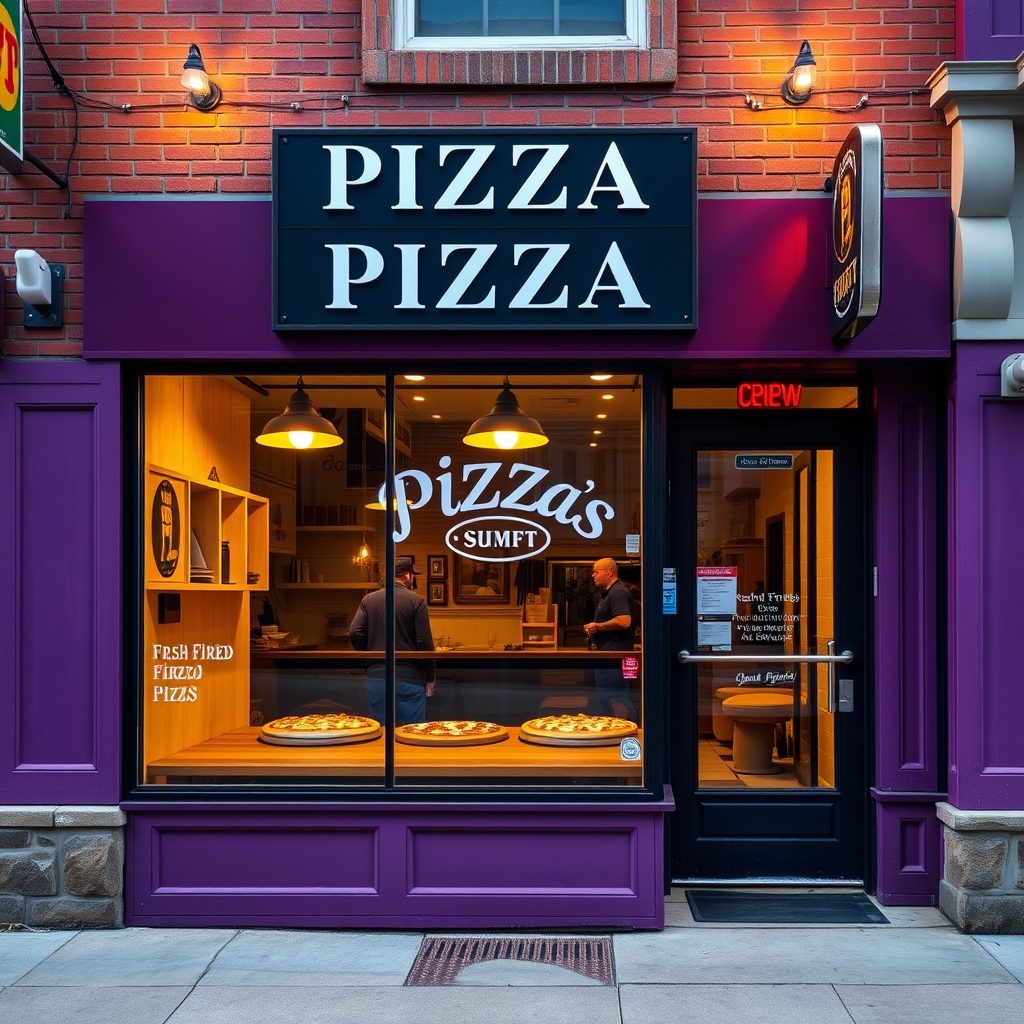 Storefront of a vibrant pizza restaurant with purple facade and illuminated window display showing quality establishment